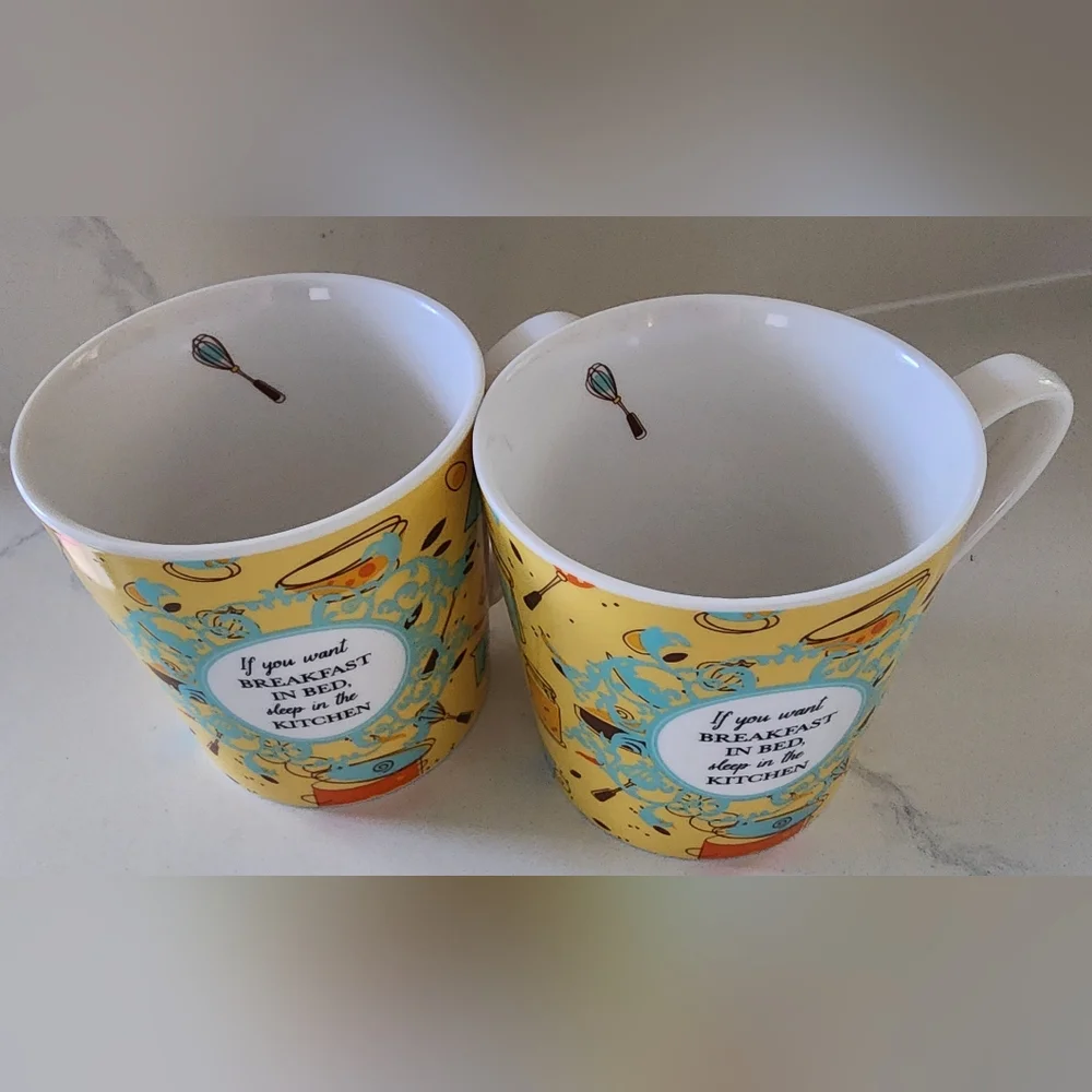 Rare Discontinued Pier 1‎ Breakfast In Bed Porcelain Mugs Set Of Two 16 Oz